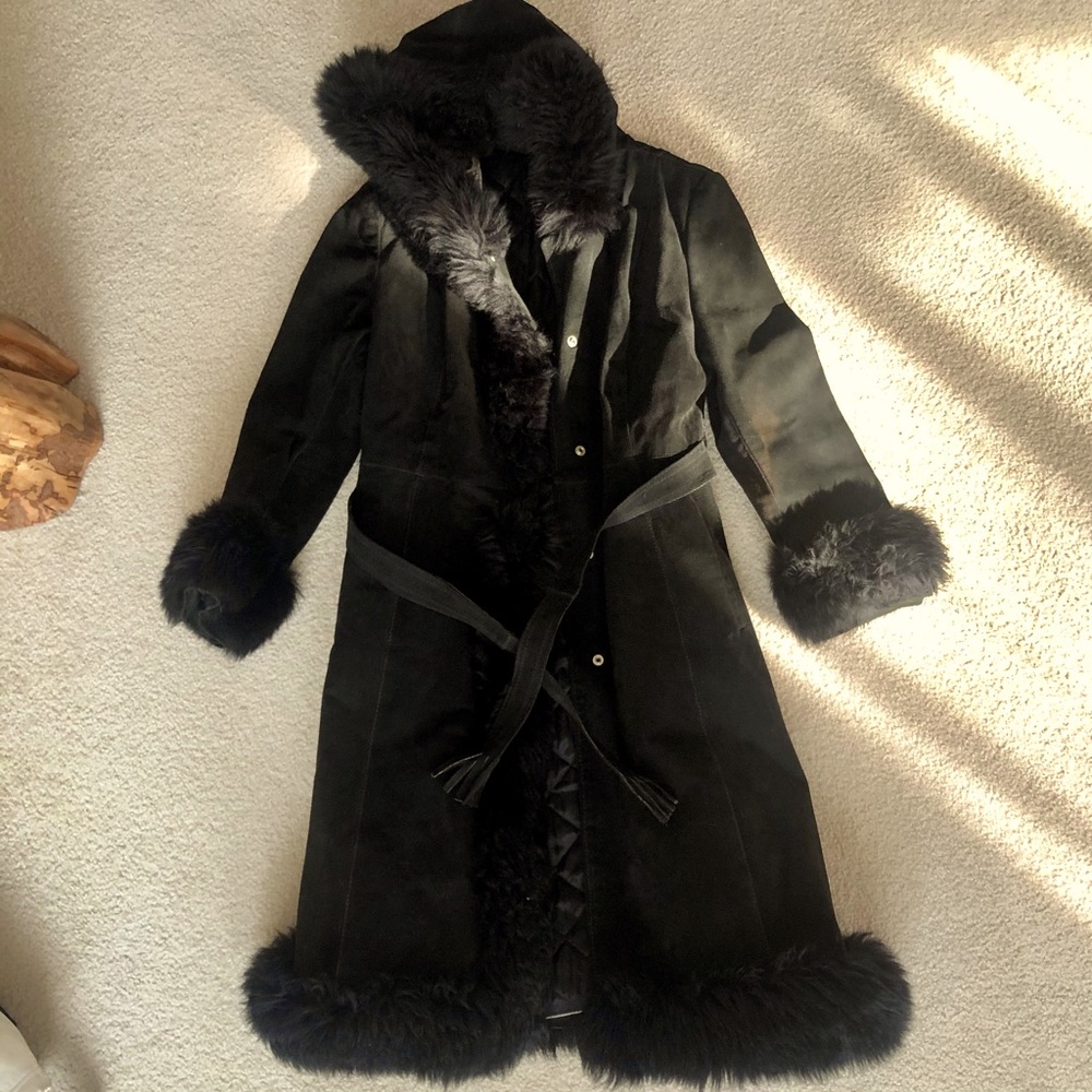 Cool Boho Vintage Fur-trim Black Suede Trench
